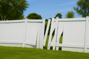 "Vinyl fence with broken and missing boards in a backyard, showing signs of damage and wear, requiring replacement"