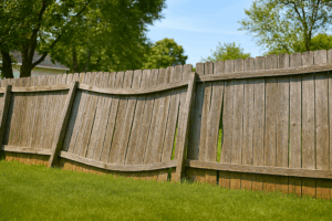 "leaning and sagging wooden fence panels"