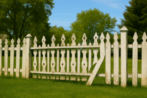 A backyard fence that looks like it’s auditioning for a haunted mansion — ornate, chipped, and clinging to its Victorian identity while the rest of the neighborhood moved on to clean lines and vinyl panels.