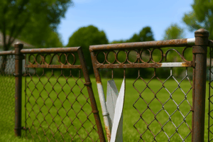 Metal fence showing rust and corrosion with flaking paint in a backyard, needing repair